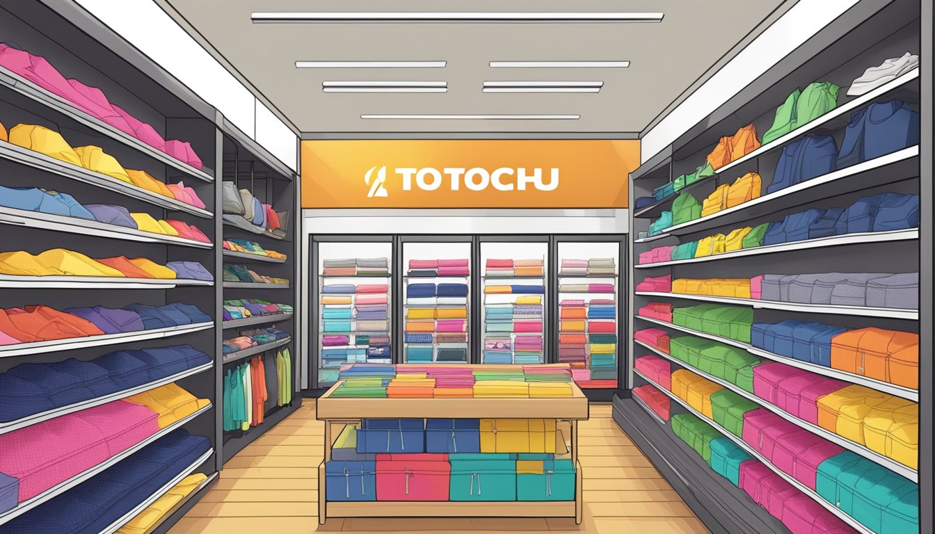 Colorful itochu apparel brands displayed on shelves in a modern retail store
