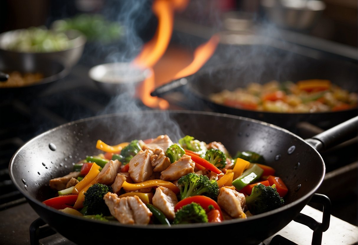 A wok sizzles over high heat, chicken pieces tossed with vegetables, soy sauce and ginger, steam rising, creating a fragrant and colorful stir-fry