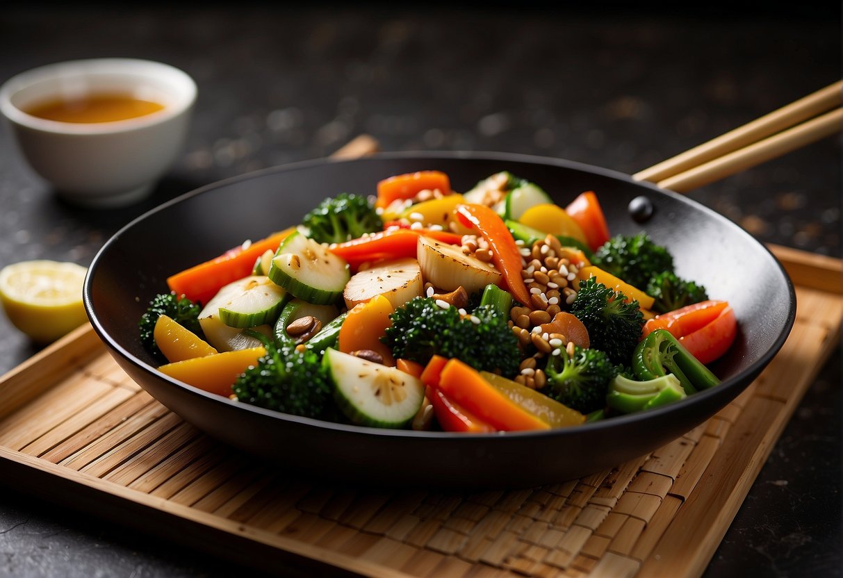 A wok sizzles with colorful stir-fry veggies and lean protein, surrounded by fresh ginger, garlic, and soy sauce. Chopsticks rest on a bamboo mat nearby