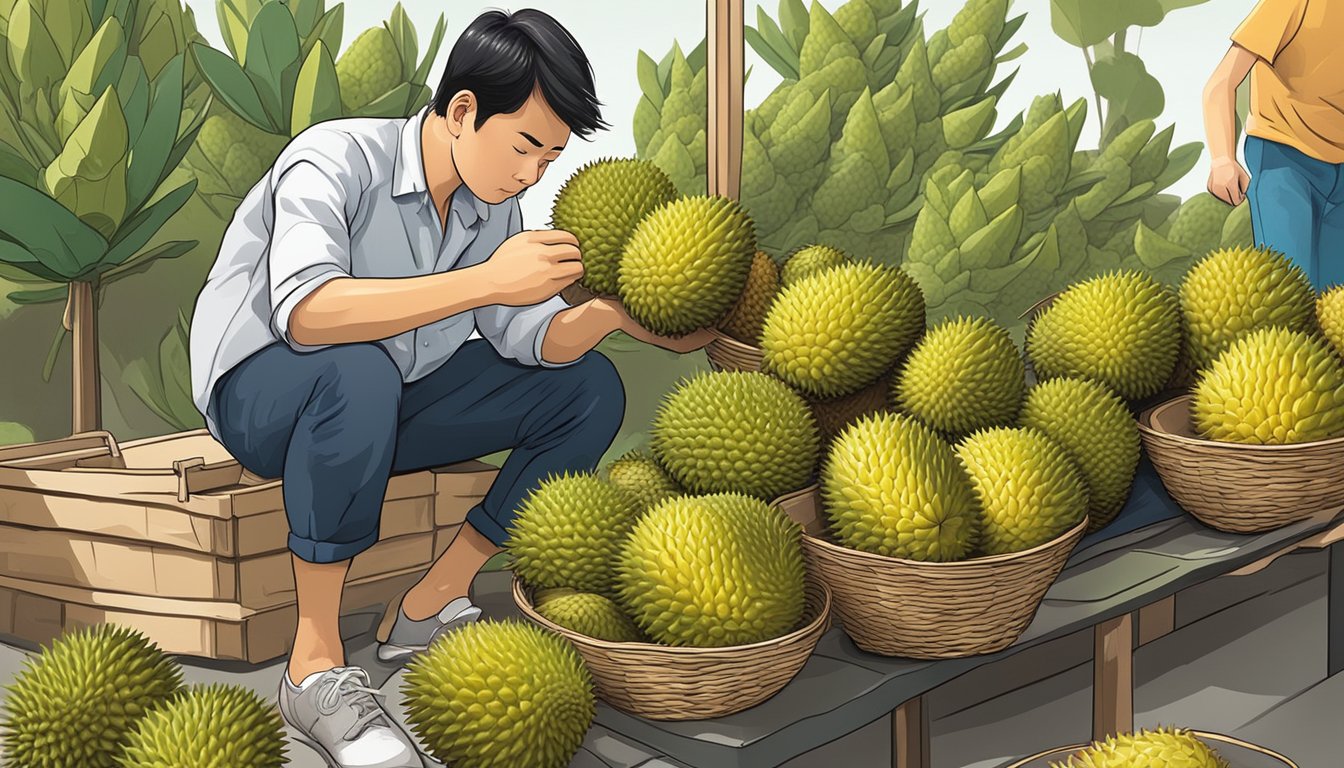 A person selects a durian from a vendor's stall in Singapore and then sits down to enjoy the pungent fruit