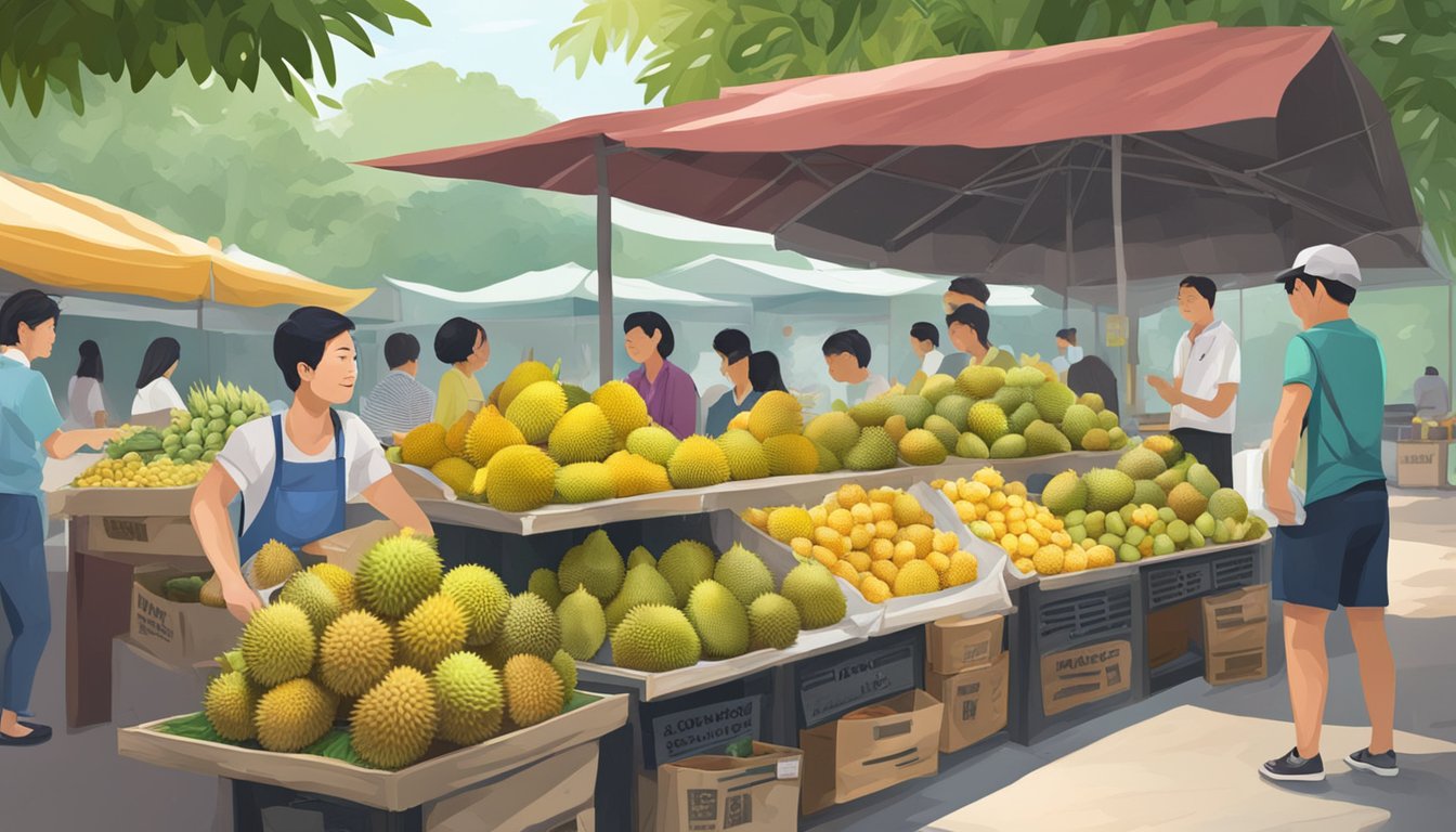 A bustling market stall in Singapore, with vibrant durian fruits on display and a sign reading "Frequently Asked Questions: where to buy durian in Singapore."