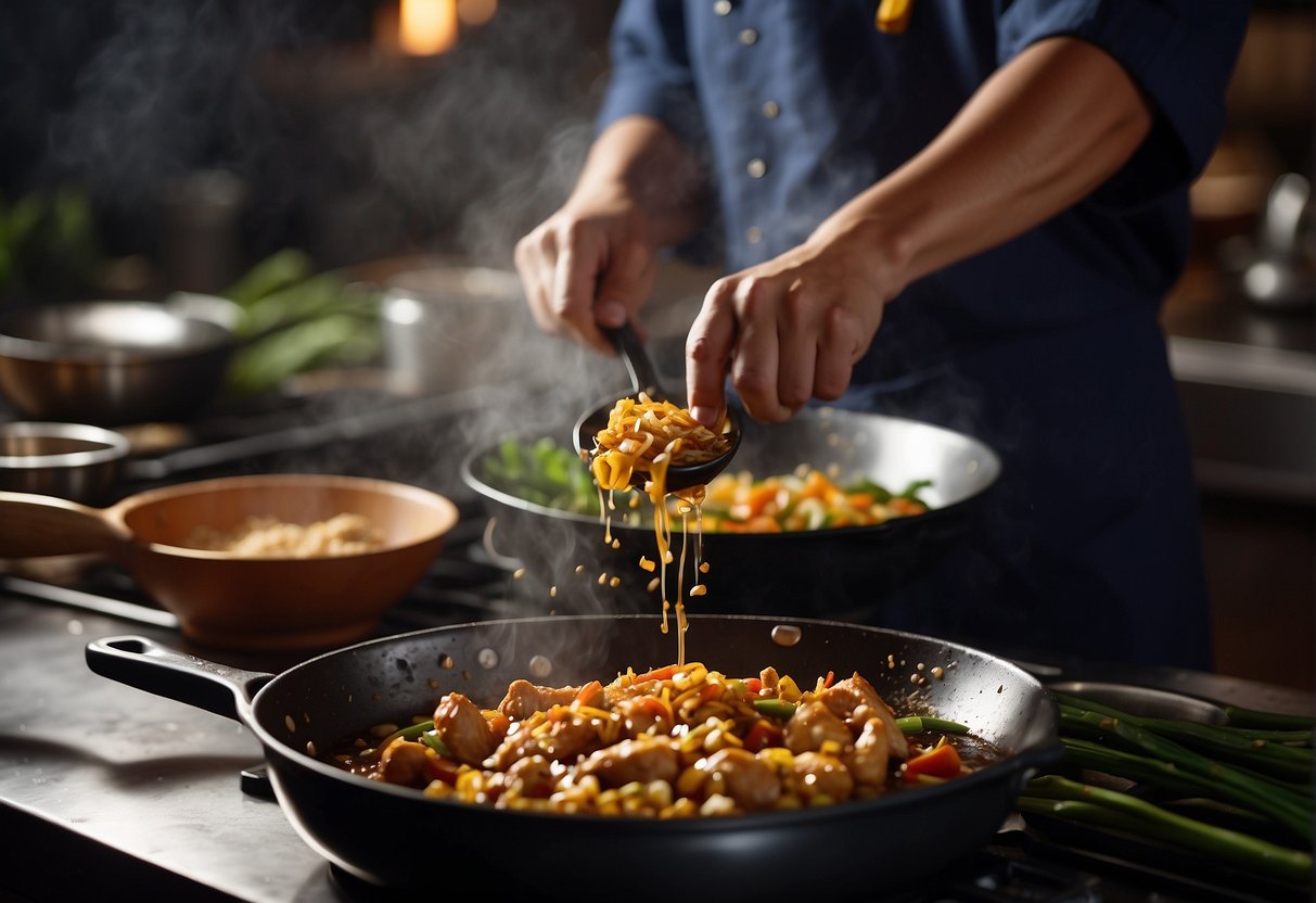 A chef effortlessly pours a mixture of soy sauce, honey, and ginger into a sizzling pan of stir-fried chicken and vegetables