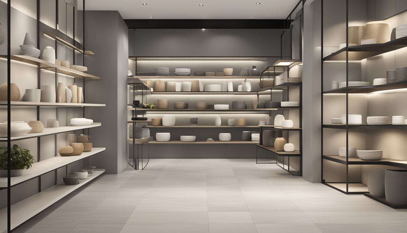 Italian porcelain tile brands displayed in a modern showroom with sleek lighting and clean lines. Various sizes, colors, and textures are showcased on minimalist shelves