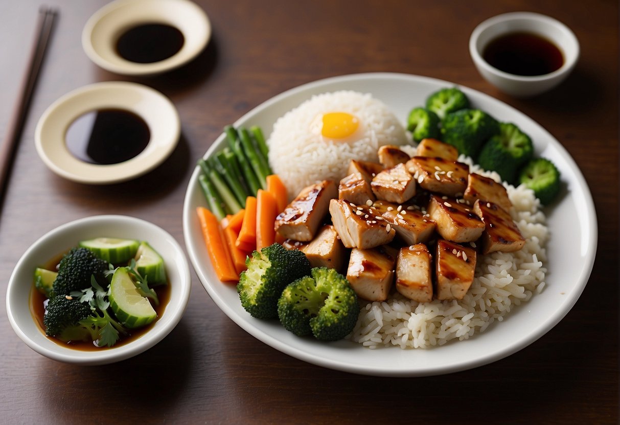 A table set with steamed vegetables, brown rice, and grilled chicken, surrounded by chopsticks and soy sauce