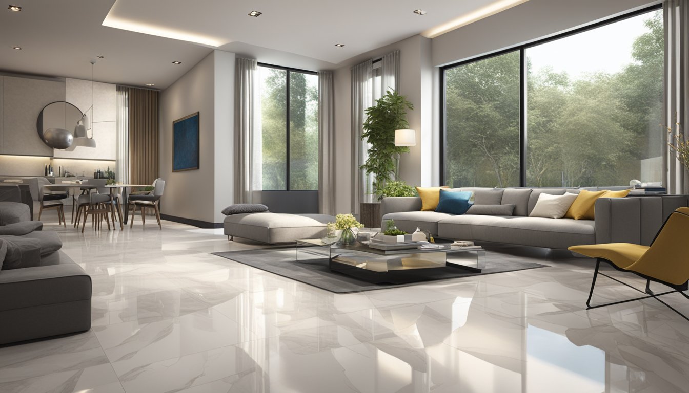 A modern living room with sleek Italian porcelain tile flooring, showcasing various design applications and aesthetics