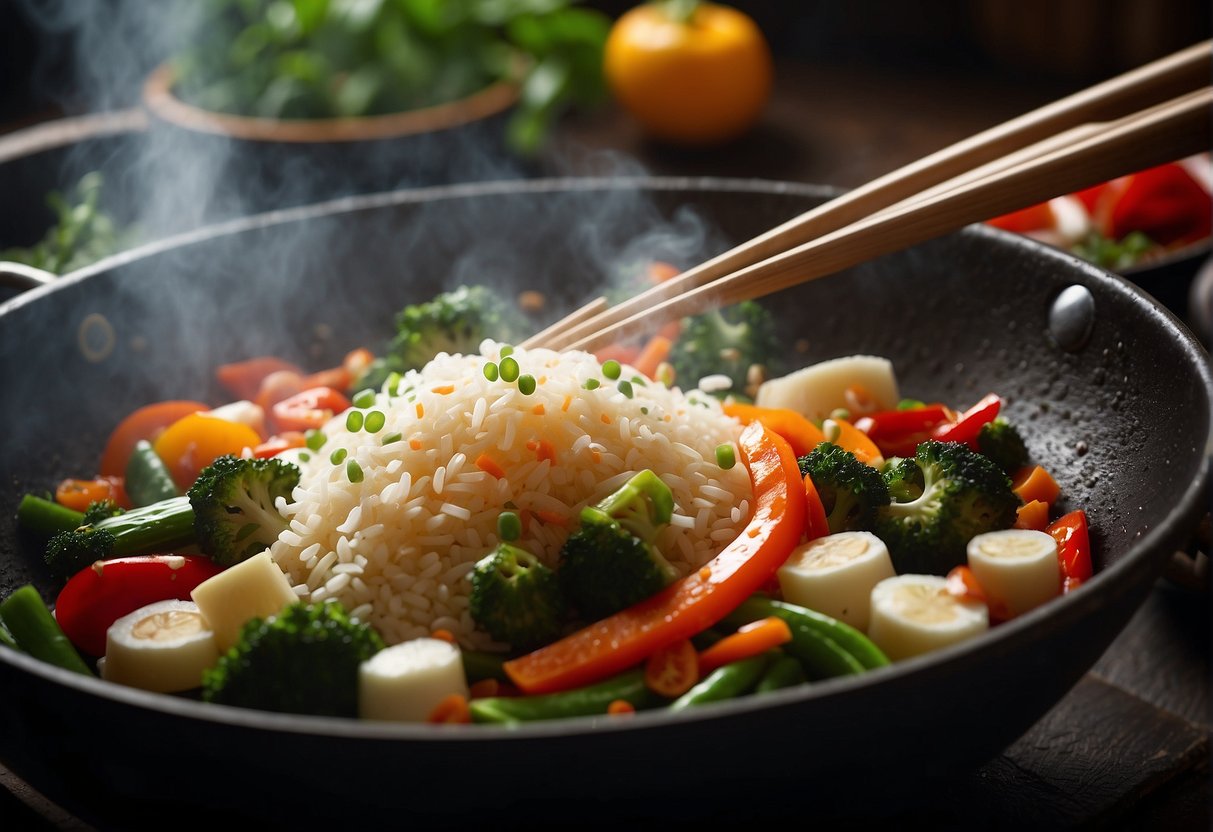 A wok sizzles with stir-fried vegetables and lean protein, surrounded by colorful spices and fresh herbs. Steaming rice sits nearby, ready to be served alongside the nutritious Chinese dish