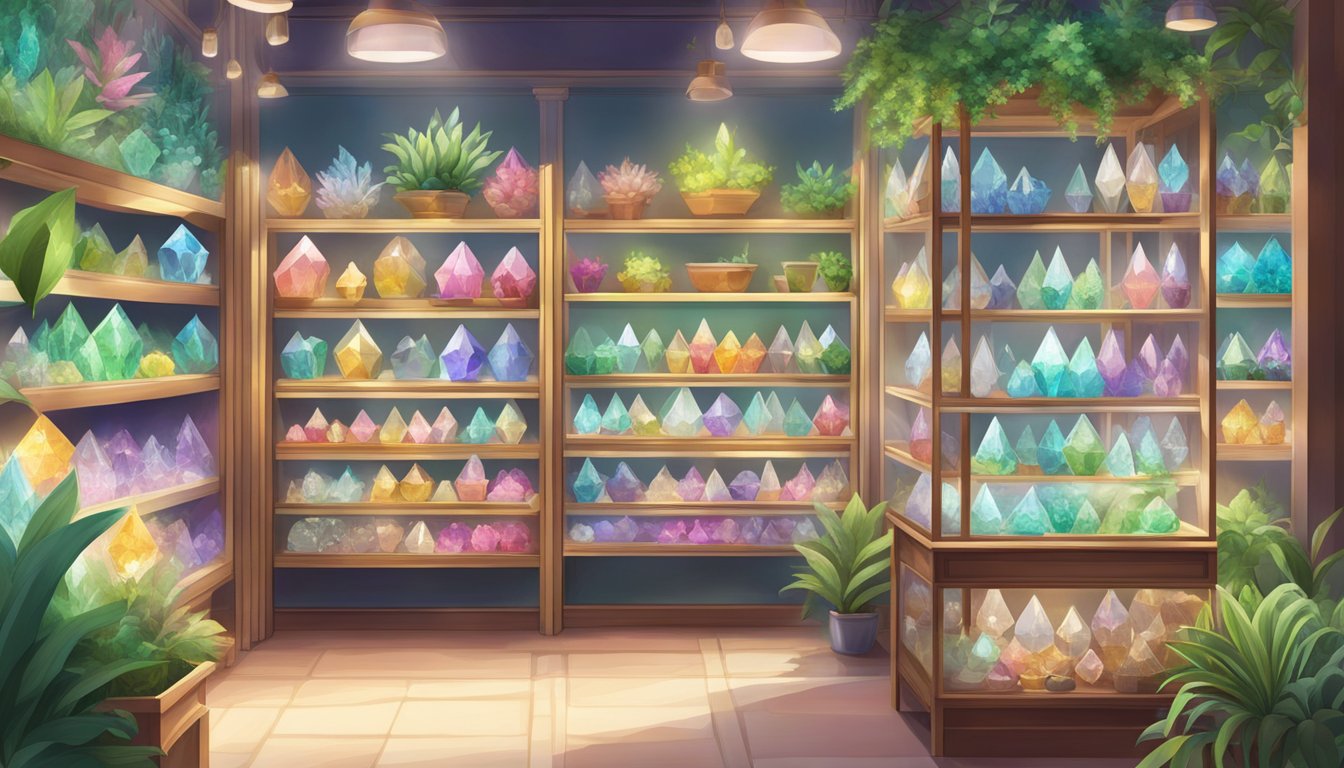 A brightly lit crystal shop in Singapore, with shelves displaying an array of colorful and shimmering crystals, surrounded by lush green plants