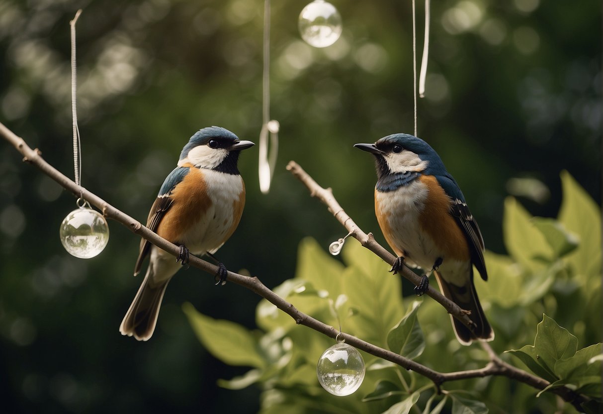Birds scatter as shiny objects and wind chimes sway in the garden. Reflective tape flutters in the breeze, deterring them from the lush greenery