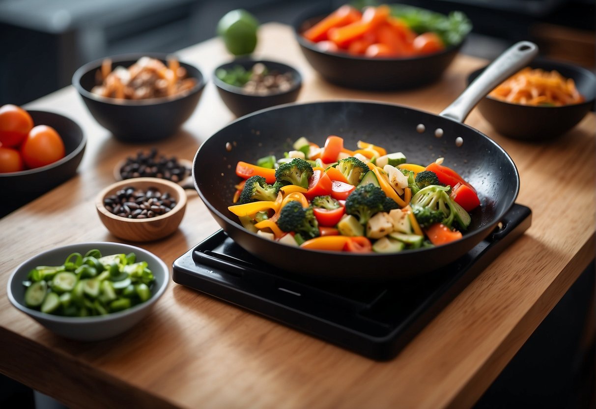 A table set with colorful, fresh ingredients and a wok sizzling with a stir-fry. A chef's knife and cutting board nearby. Bright, modern kitchen background