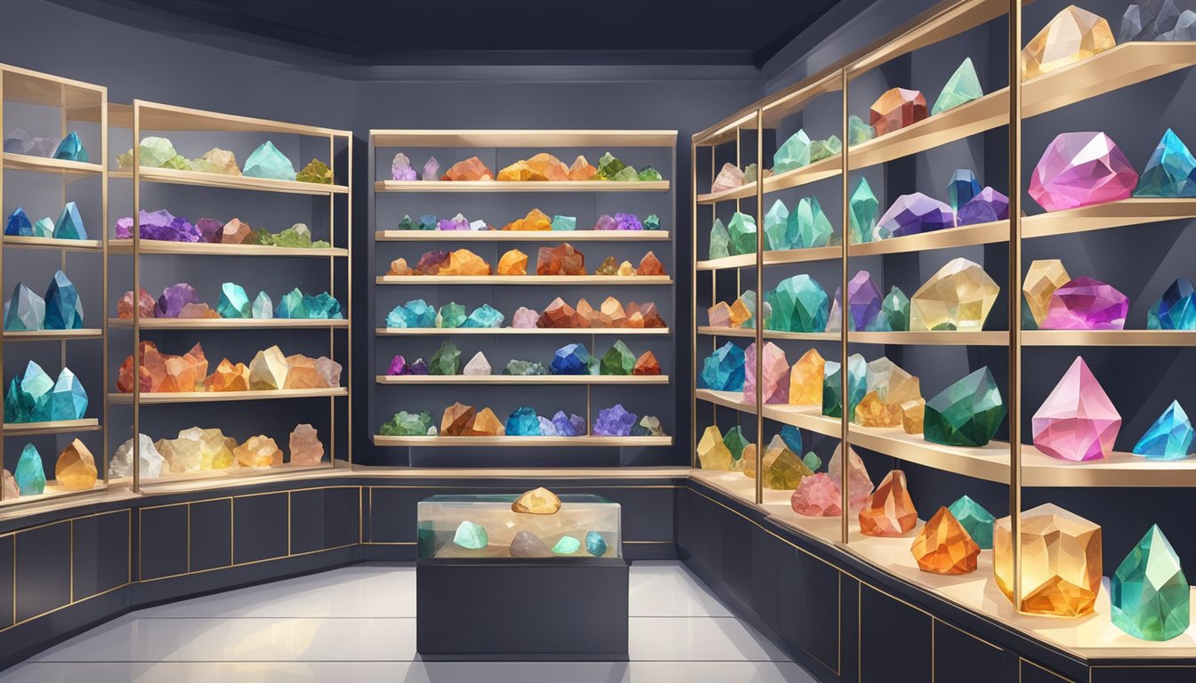 A colorful display of various crystals and gemstones arranged on shelves in a serene and inviting boutique in Singapore
