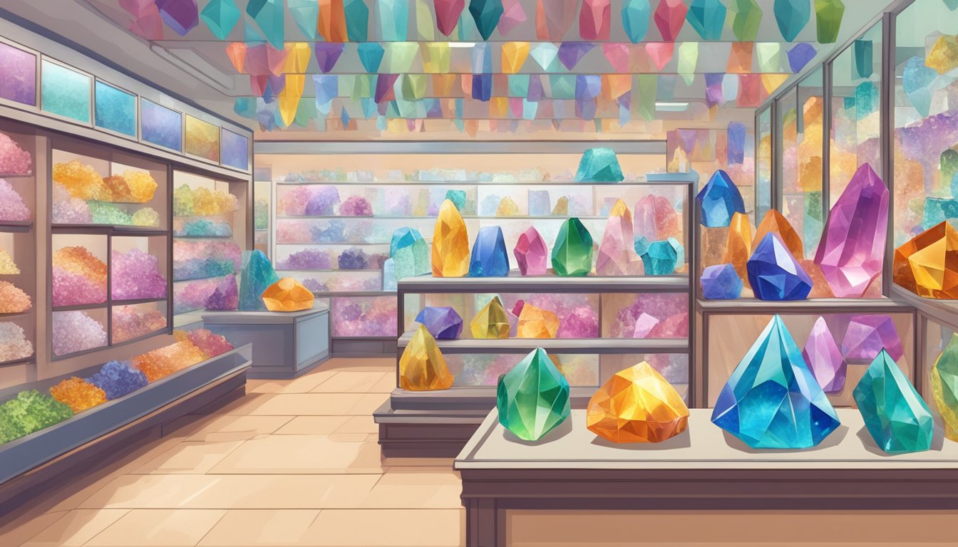 A display of colorful crystals in a Singaporean store, with a sign reading "Frequently Asked Questions: Where to buy crystals in Singapore."