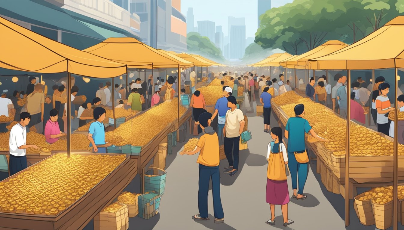 A bustling Singapore market with rows of gold coin vendors and eager buyers. Brightly lit stalls display a variety of gold coins, while traders negotiate with customers