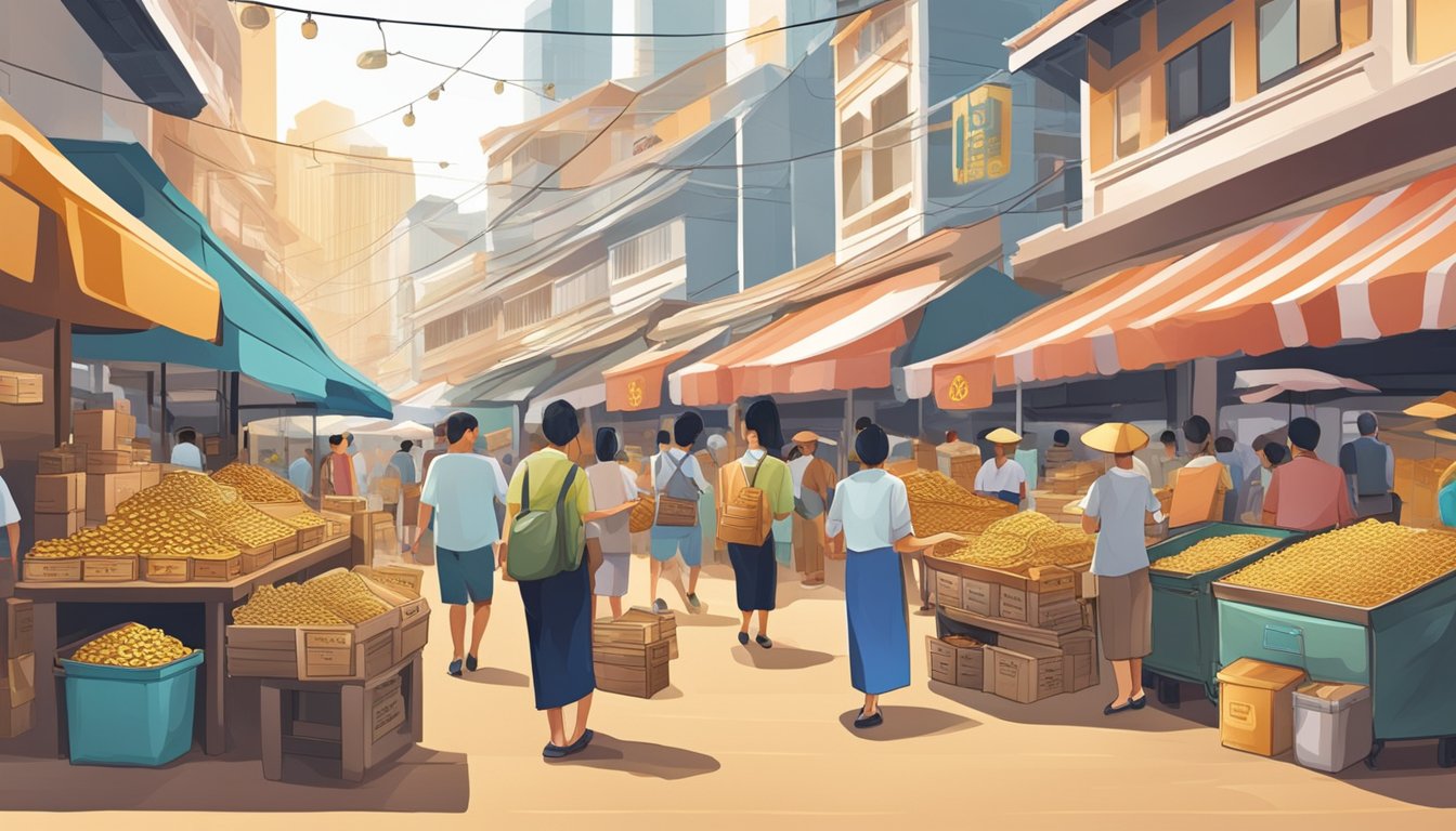 A bustling Singapore market with diverse vendors selling gold coins and secure storage options