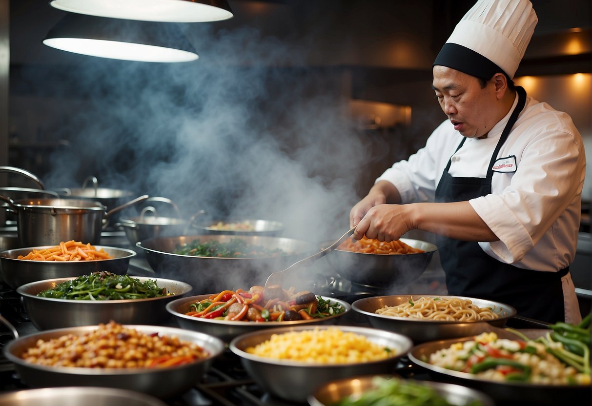 A bustling kitchen with colorful ingredients, steaming pots, and sizzling woks. A chef effortlessly prepares easy, healthy Chinese dishes while a stack of recipe cards sits nearby