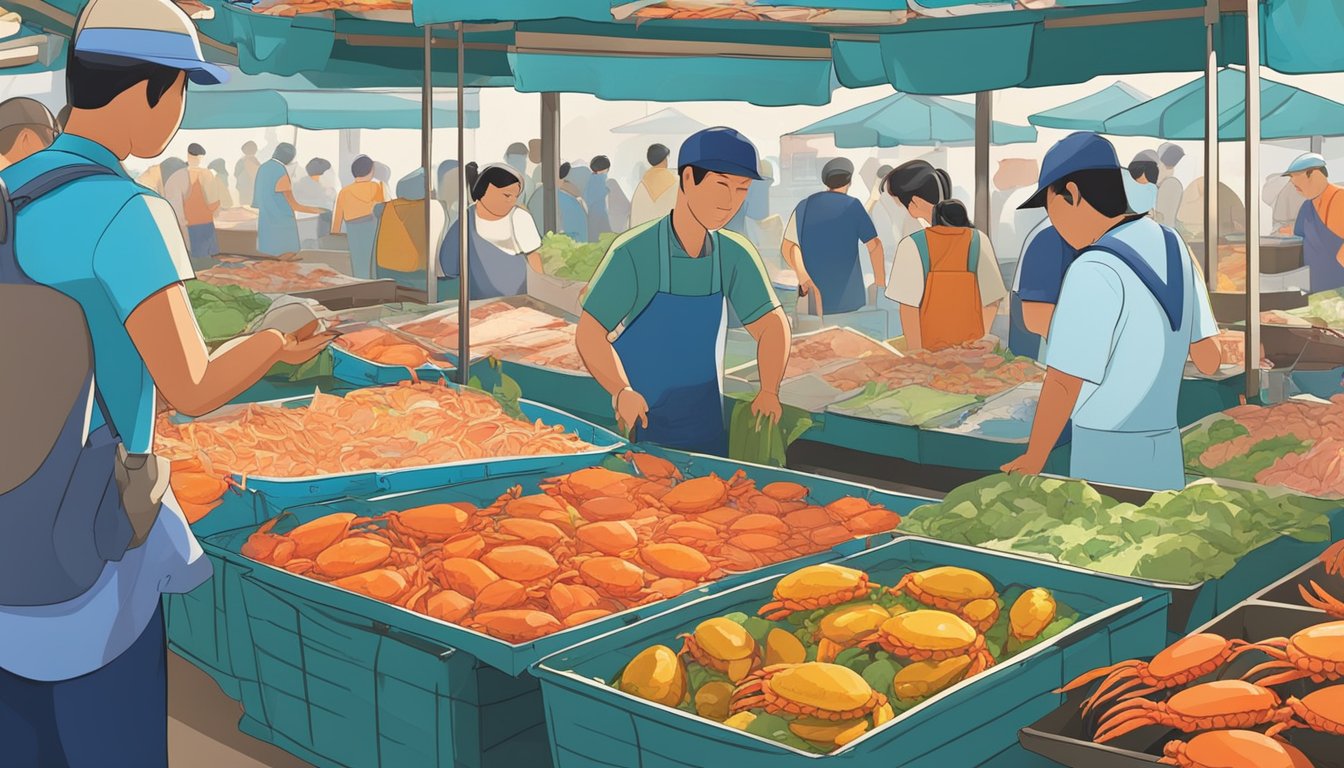 A bustling seafood market in Singapore, with colorful stalls displaying fresh crabs caught that morning. Vendors eagerly promote their catches, while customers inspect the lively crustaceans, ensuring they select the best ones for their feast