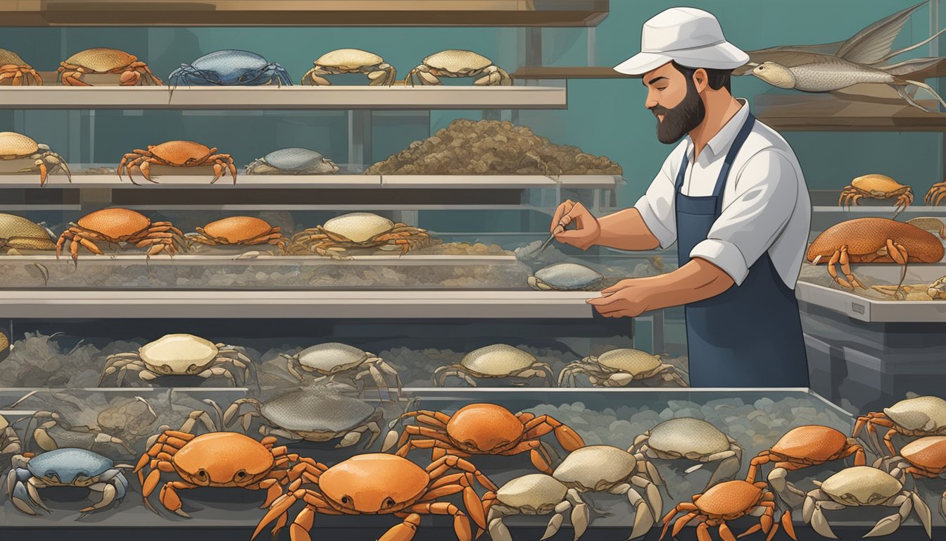 A fishmonger carefully inspects a display of live crabs, picking out the finest quality specimens for purchase