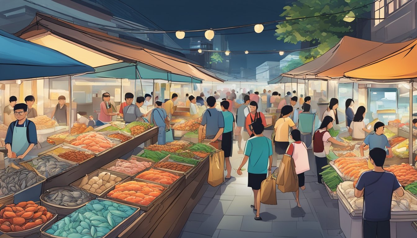 A bustling seafood market in Singapore, with colorful stalls and vendors selling fresh crab. Customers eagerly ask about the best places to purchase the prized crustaceans