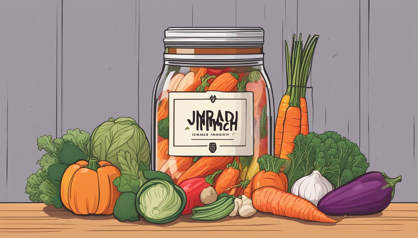 A jar of kimchi sits on a wooden table, surrounded by various colorful vegetables and spices. The label reads "J Brand Kimchi" in bold, vibrant lettering