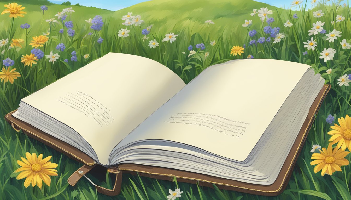 A leather-bound notebook with "James Brand" embossed on the cover lies open on a grassy field, surrounded by wildflowers and a clear blue sky