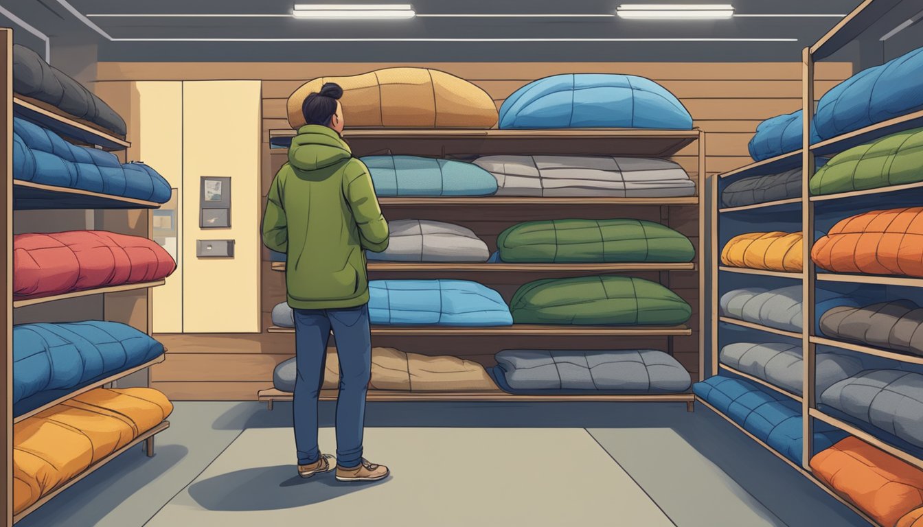 A person stands in an outdoor store, examining different sleeping bags on display, with shelves of camping gear in the background