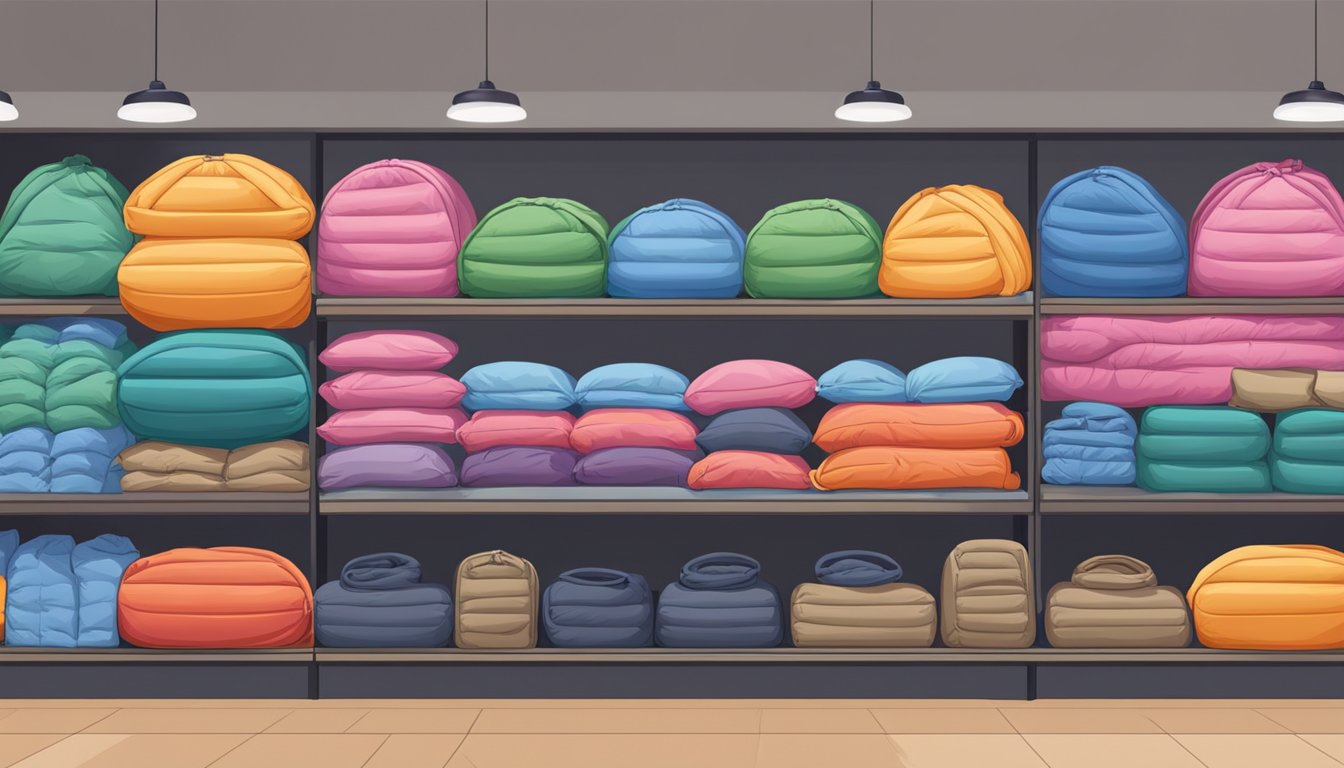 A store in Singapore displays various types of sleeping bags for sale