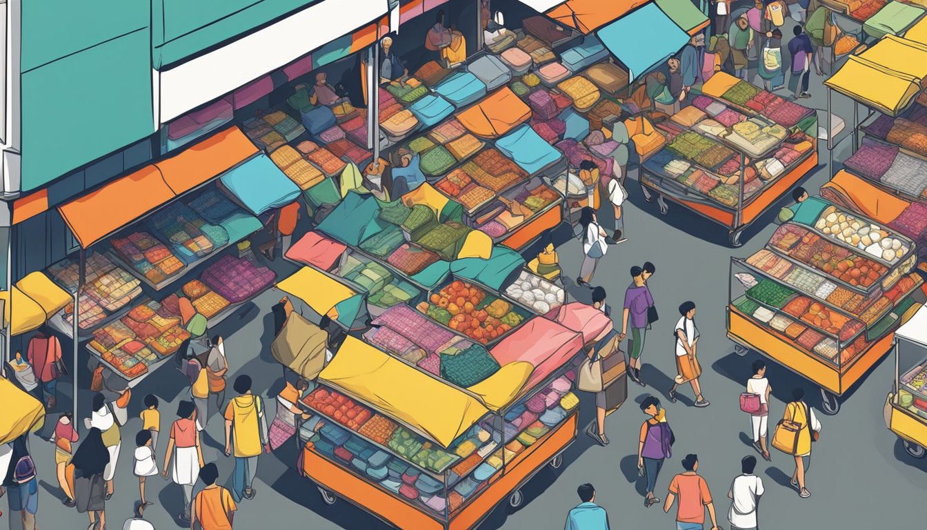 A crowded street market in Singapore, with colorful stalls selling various luggage covers. Brightly patterned fabrics and sleek, modern designs catch the eye