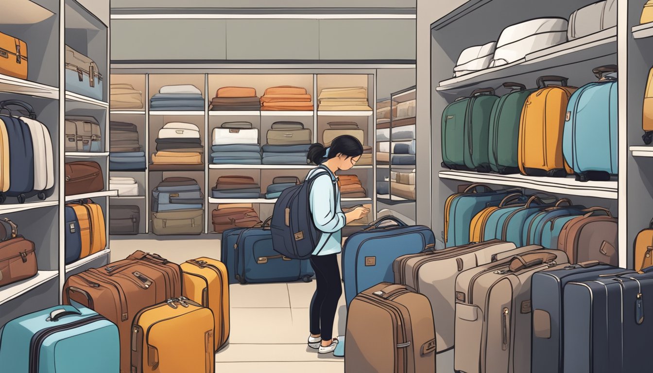 A traveler browsing through different luggage covers at a store in Singapore, carefully examining the designs and materials before making a decision