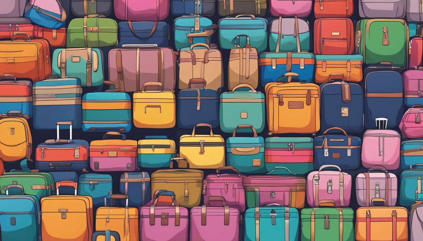 A colorful display of luggage covers at a bustling market in Singapore, with various designs and sizes available for purchase