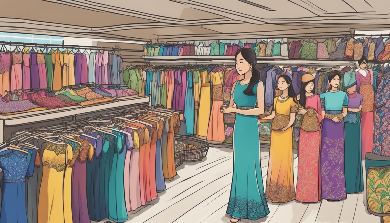 A bustling market stall in Singapore displays vibrant kebaya dresses in various colors and sizes. Shoppers browse through the racks, while the vendor arranges the garments neatly