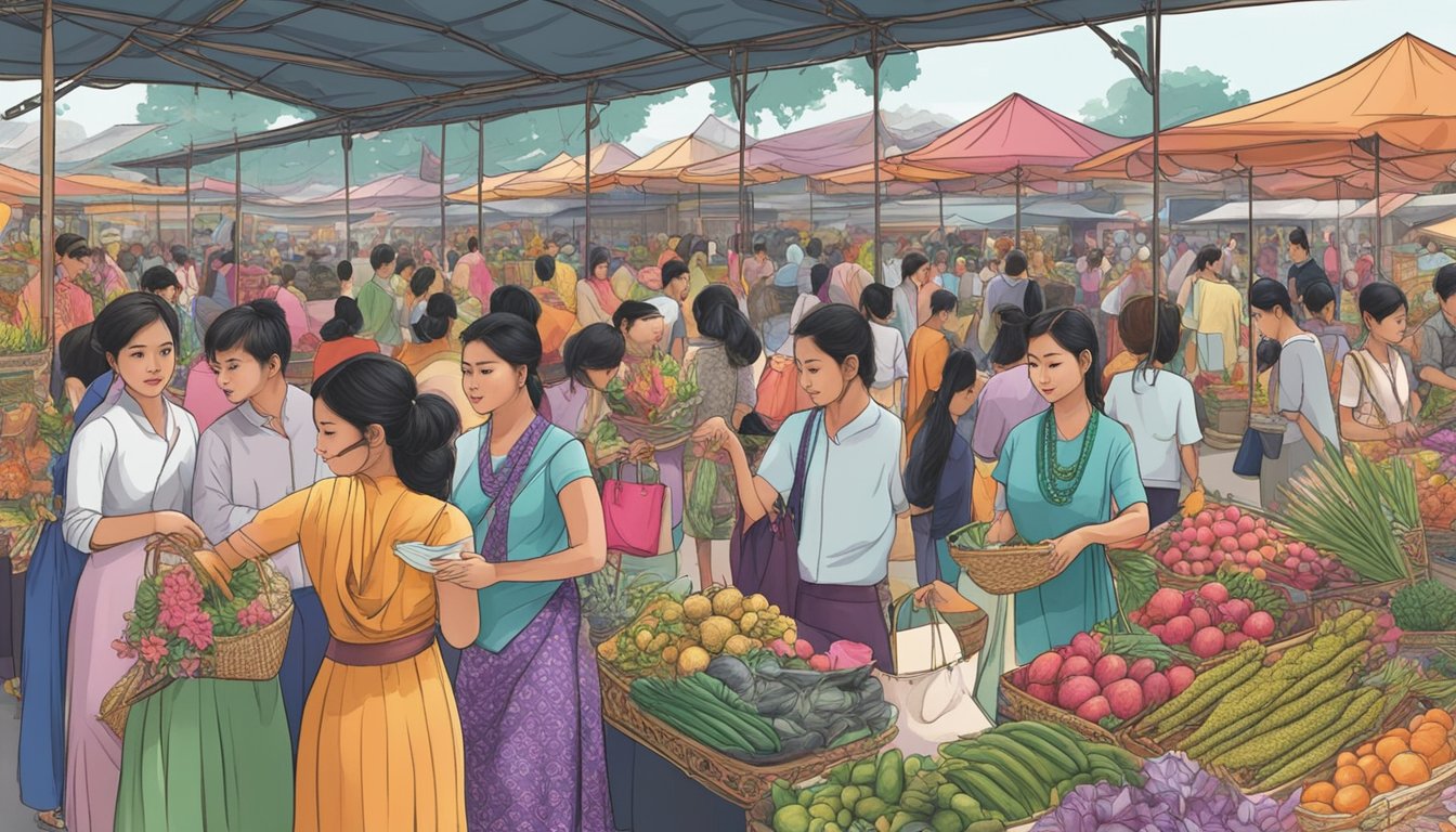 A bustling marketplace in Singapore showcases vibrant kebaya displays, drawing in curious shoppers seeking to purchase the traditional attire