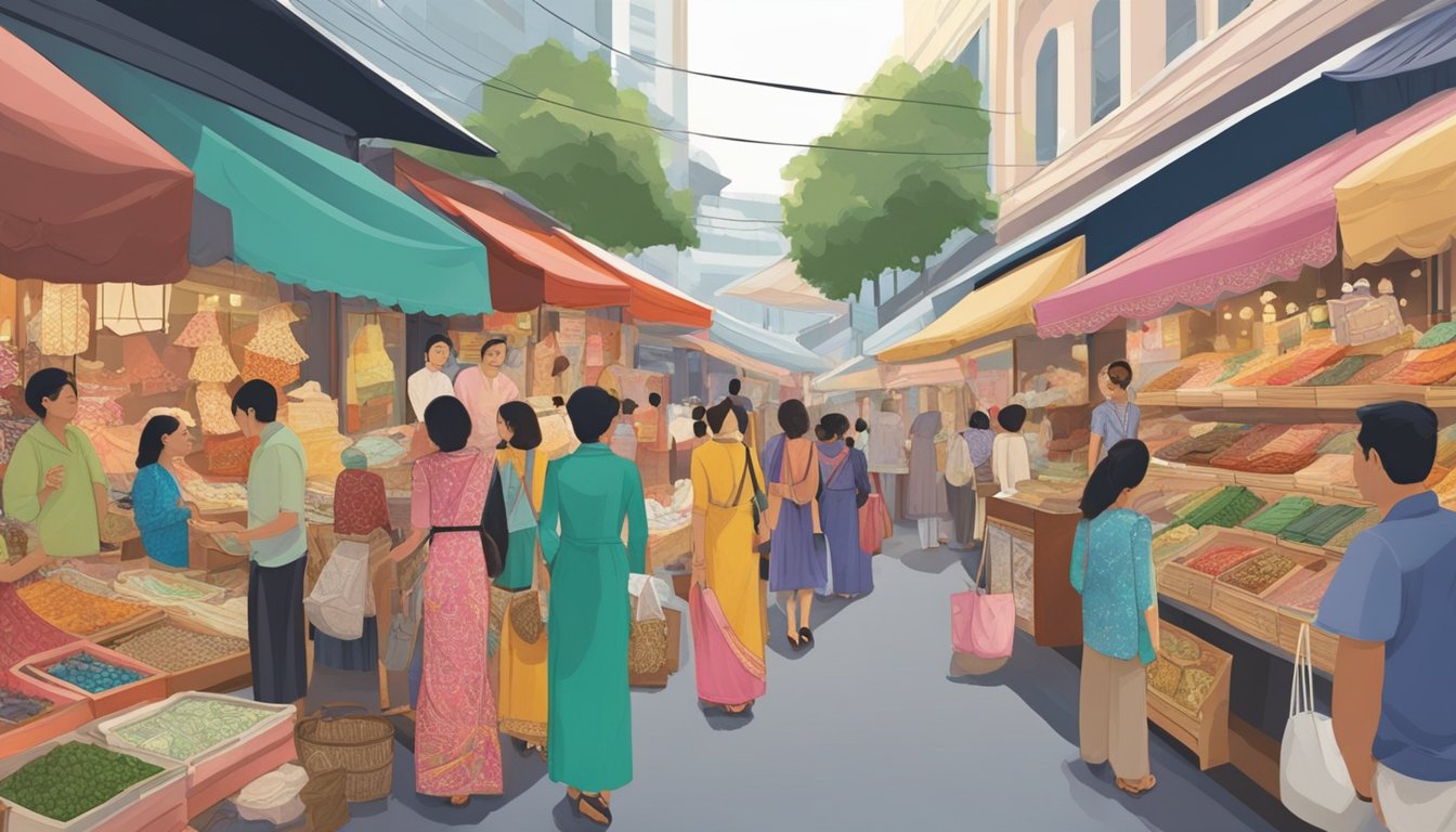 A bustling market street in Singapore, with colorful storefronts displaying traditional kebaya dresses and intricate fabrics. Shoppers browse through racks of elegant garments, while vendors call out to passersby