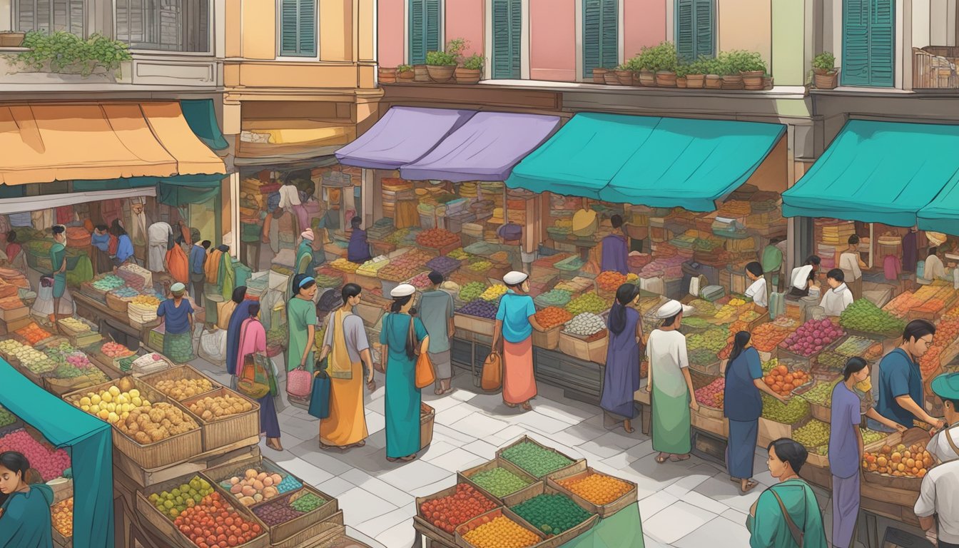 A bustling marketplace with colorful kebaya displayed in storefronts, shoppers browsing and vendors hawking their wares