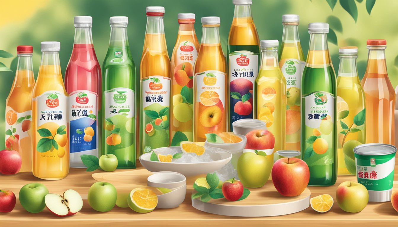 A table with various Japanese apple juice brands displayed in colorful bottles and fruit illustrations