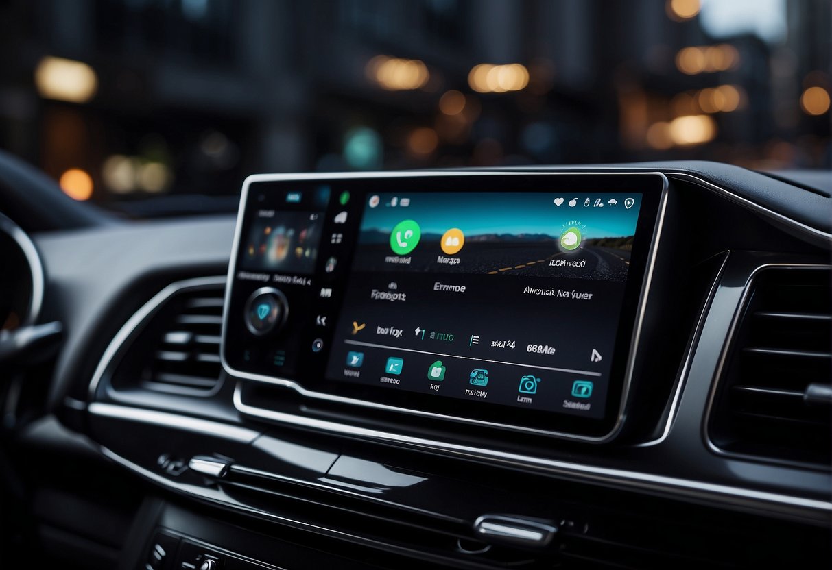 A phone with Android Auto displayed on its screen, connected to a car's infotainment system, with navigation, music, and messaging icons visible