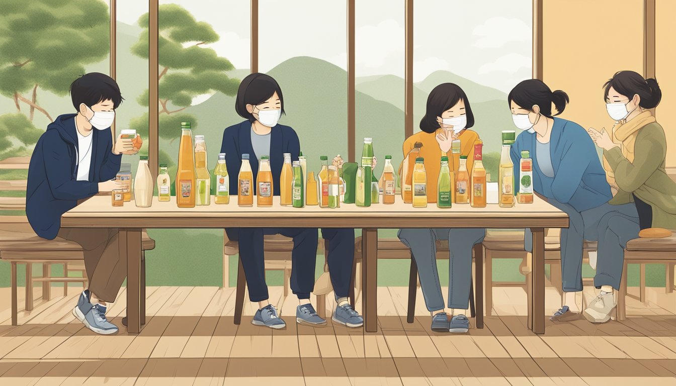 A group of people tasting and comparing various Japanese apple juice brands, with bottles and glasses arranged on a table