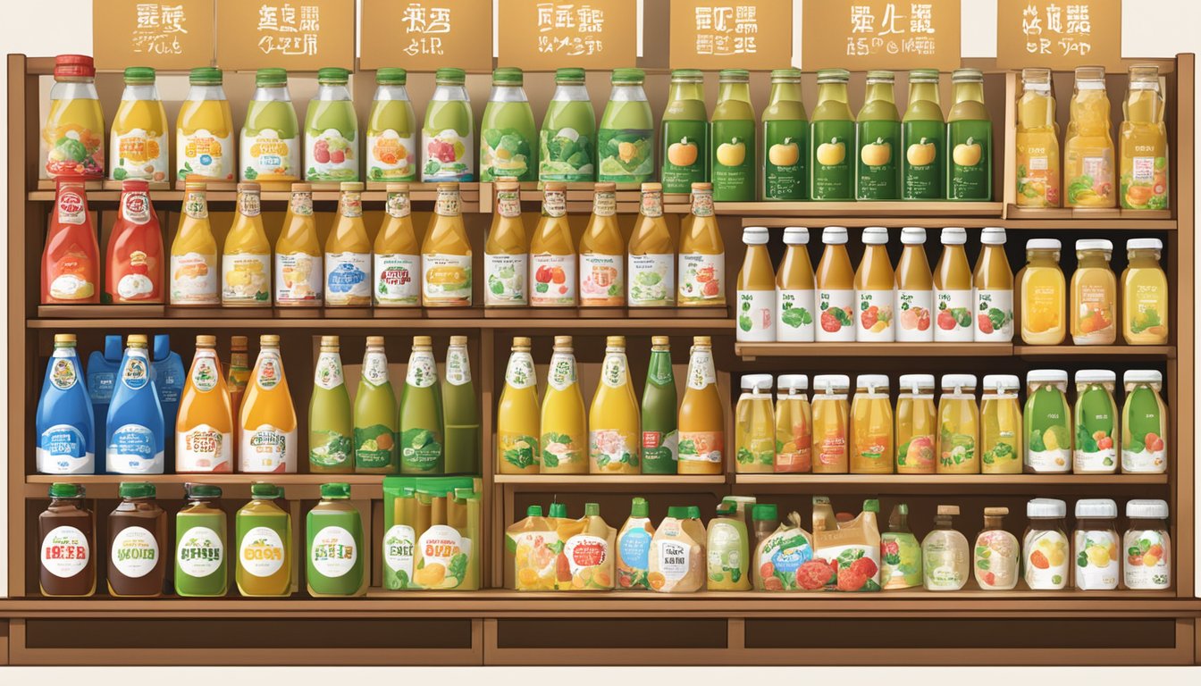 A display of various Japanese apple juice brands with bilingual FAQ signs