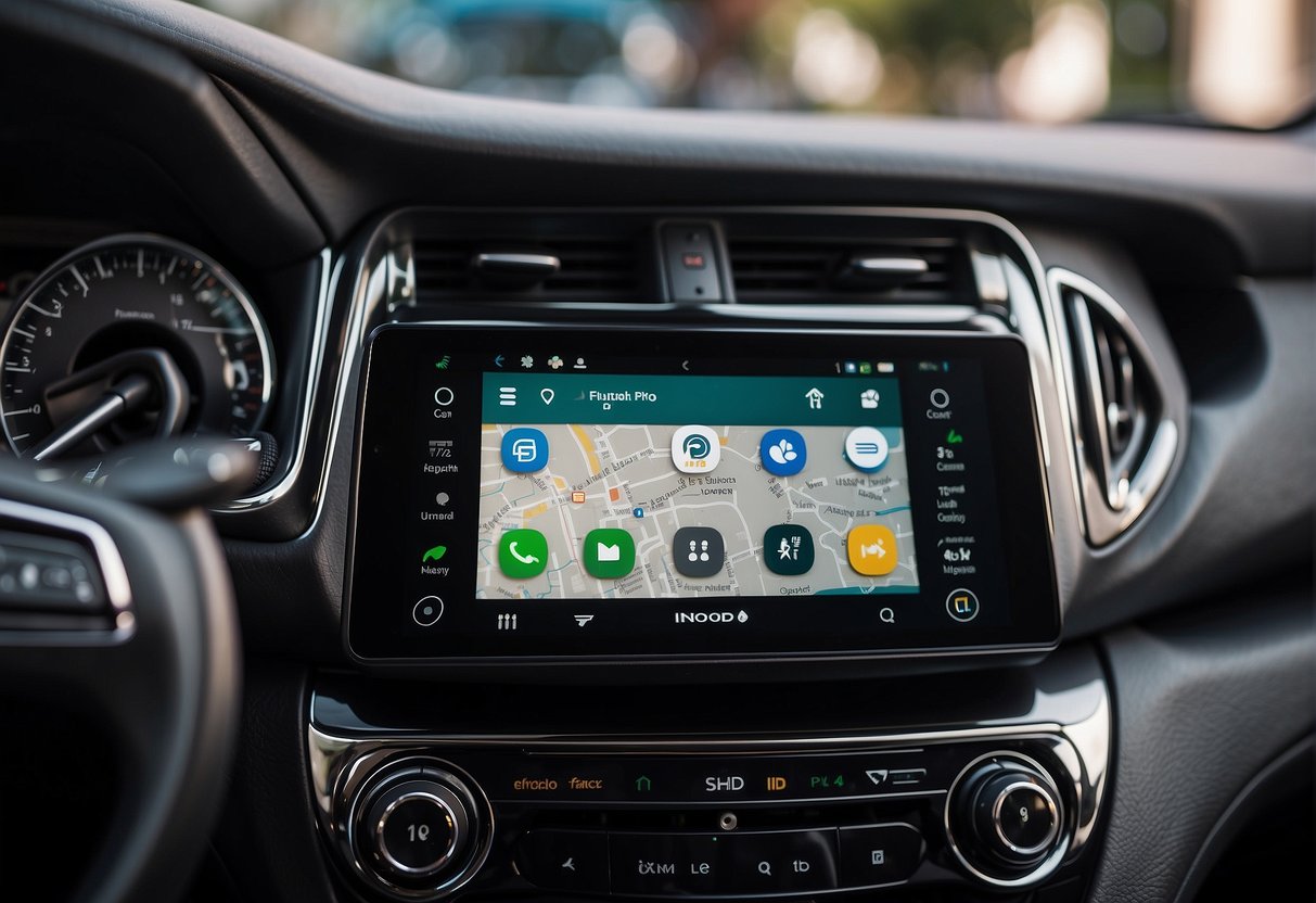 A smartphone connected to a car's infotainment system displaying the Android Auto interface with app icons and navigation options