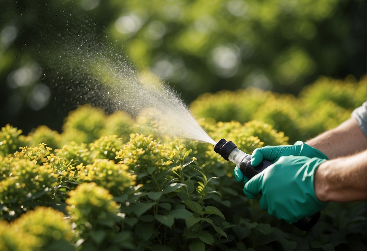 A gardener sprays organic pesticide on green leaves, targeting clusters of caterpillars