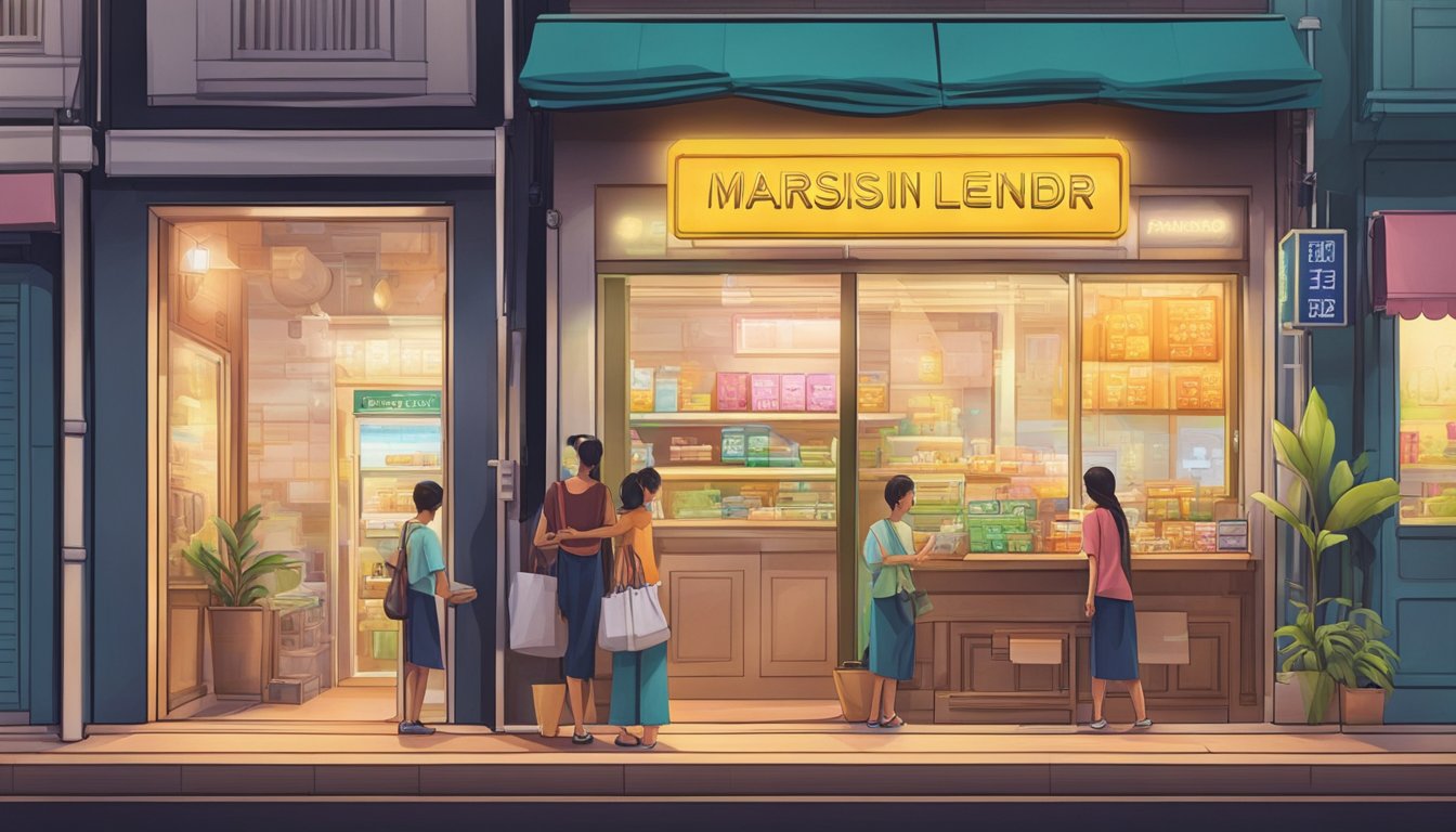 A small storefront with a sign reading "Marsiling Money Lender" in Singapore. A line of customers waits outside, and a bright neon open sign flashes in the window