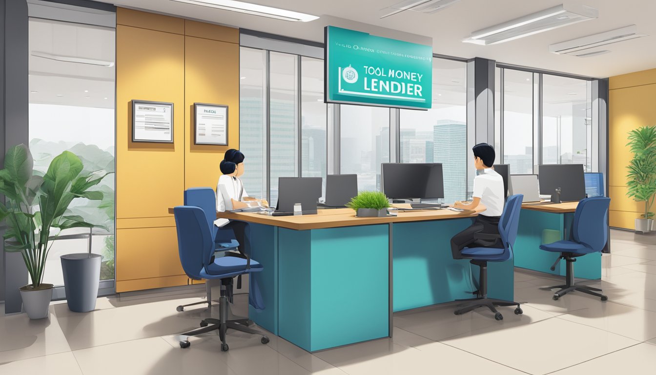 A legal money lender's office in Toa Payoh, Singapore. A sign displays the company's name and accreditation. A customer fills out paperwork at the front desk