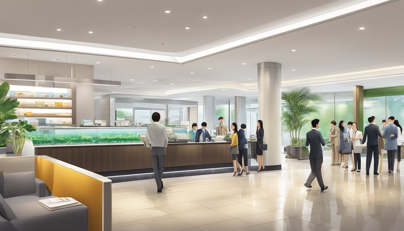 The international plaza money lender in Singapore bustles with customers and staff, the sleek, modern interior exudes professionalism and efficiency