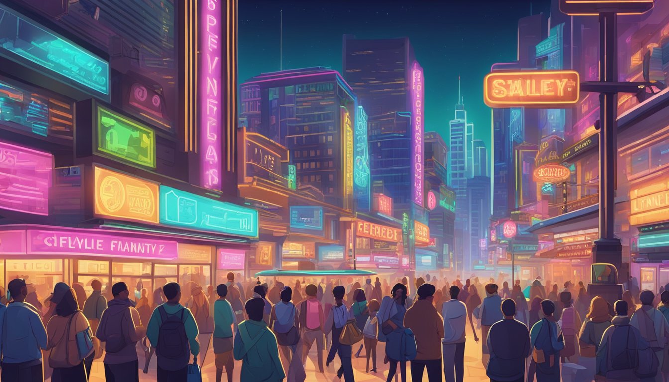 Busy City Plaza with neon signs, bustling crowds, and money lender storefronts. Bright lights illuminate the scene as people come and go, conducting financial transactions
