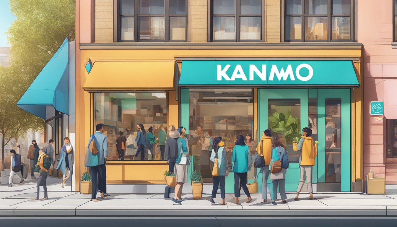 A group of people gathering around a vibrant and modern "Kanmo" brand logo displayed prominently on a storefront window