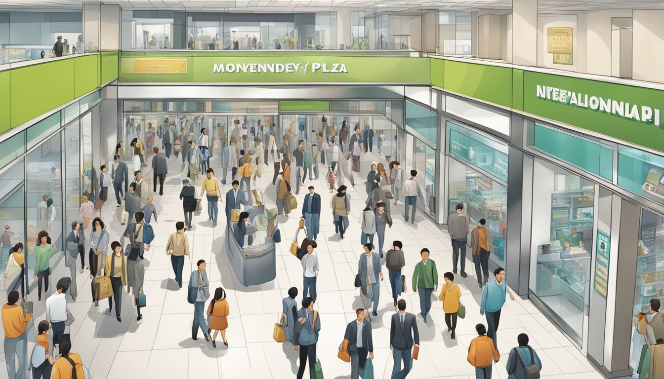 A bustling crowd navigates the sleek corridors of International Plaza, with a prominent sign indicating the presence of a licensed moneylender