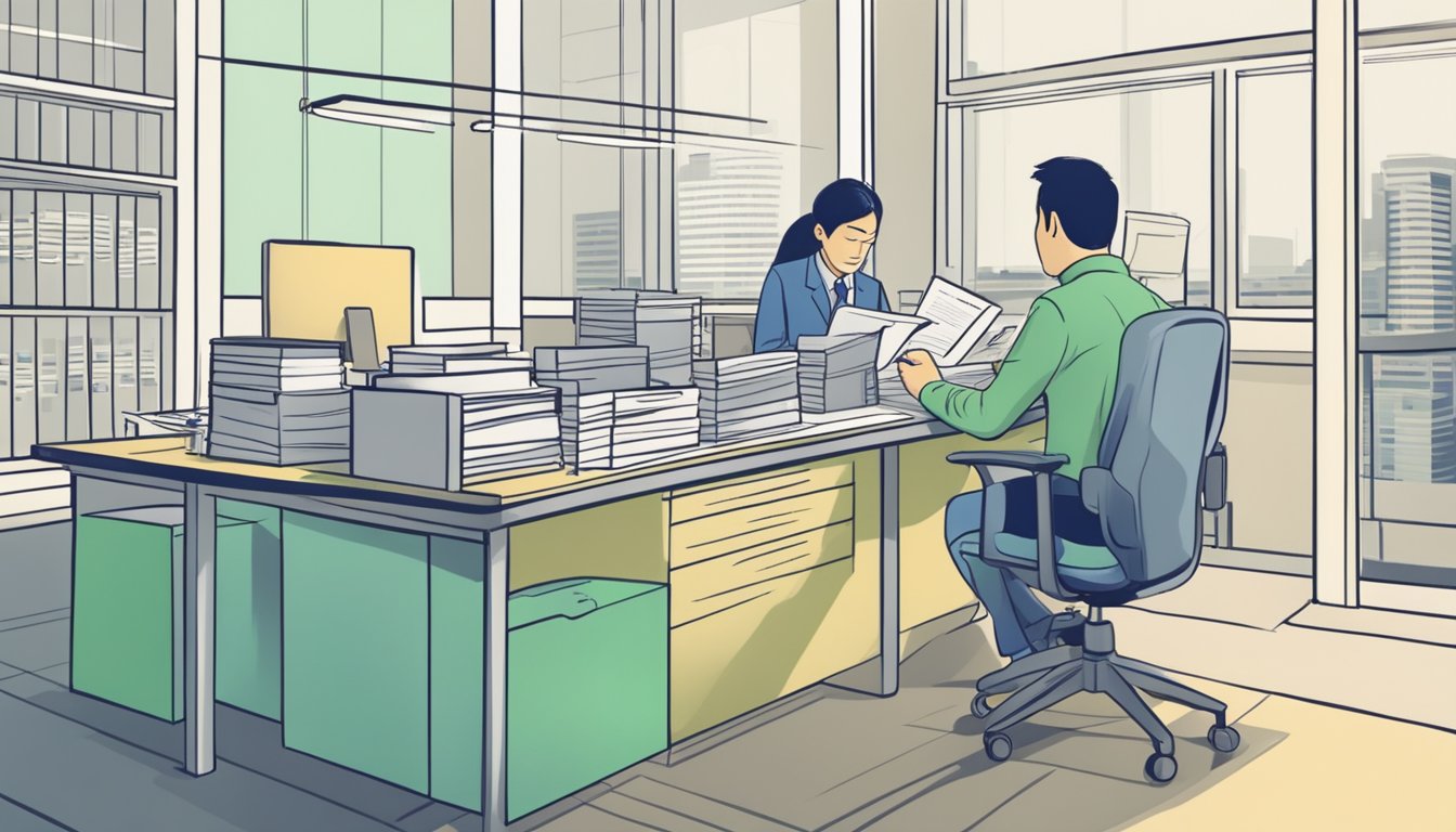 A customer fills out a loan application form at a legal money lender's office in Toa Payoh, Singapore. The lender reviews the documents and discusses terms with the customer