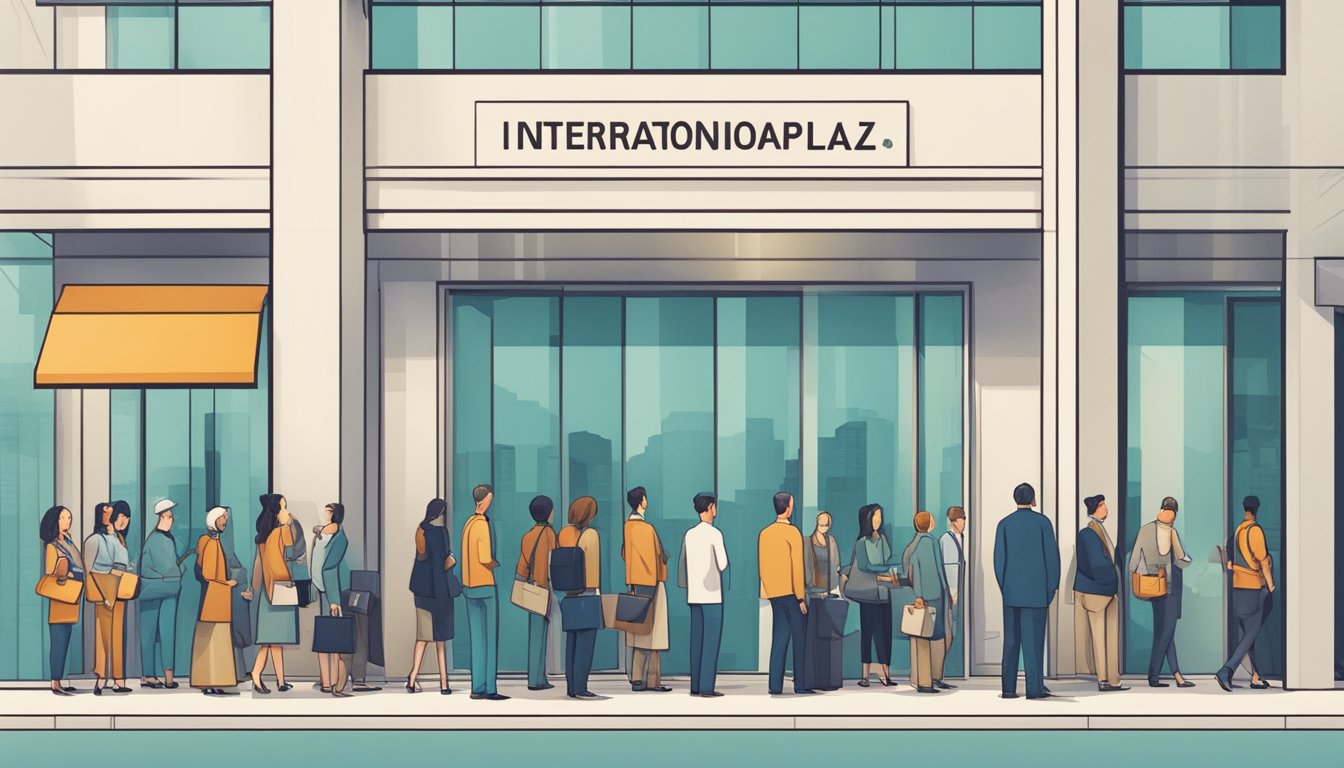A line of people waits outside a modern office building. A sign reads "International Plaza Money Lender." A clerk inside processes paperwork