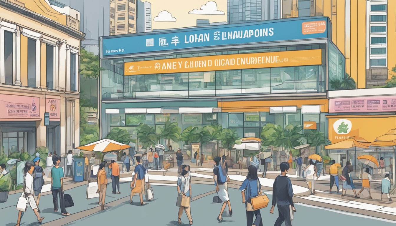 A bustling city plaza in Singapore showcases various loan options from money lenders. Signs and banners advertise different types of loans available to potential borrowers