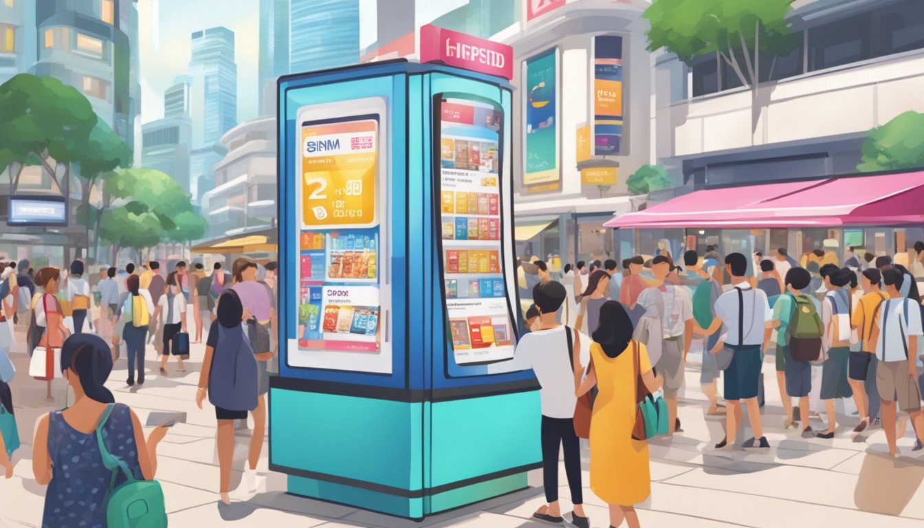 A brightly lit kiosk with a large sign advertising tourist SIM cards, surrounded by bustling crowds in a busy Singapore shopping district