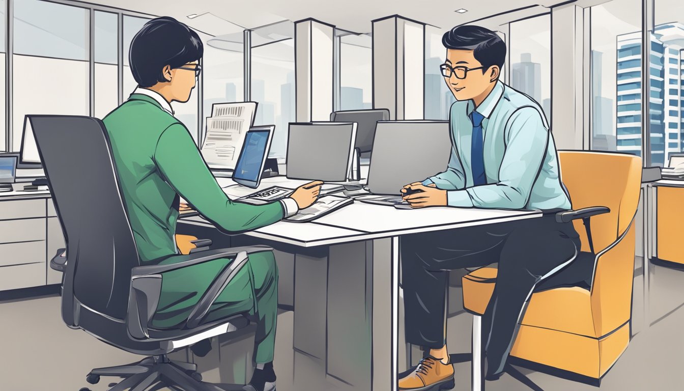 A professional setting in an office at International Plaza, Singapore. A money lender explaining loan terms and financial management to a client