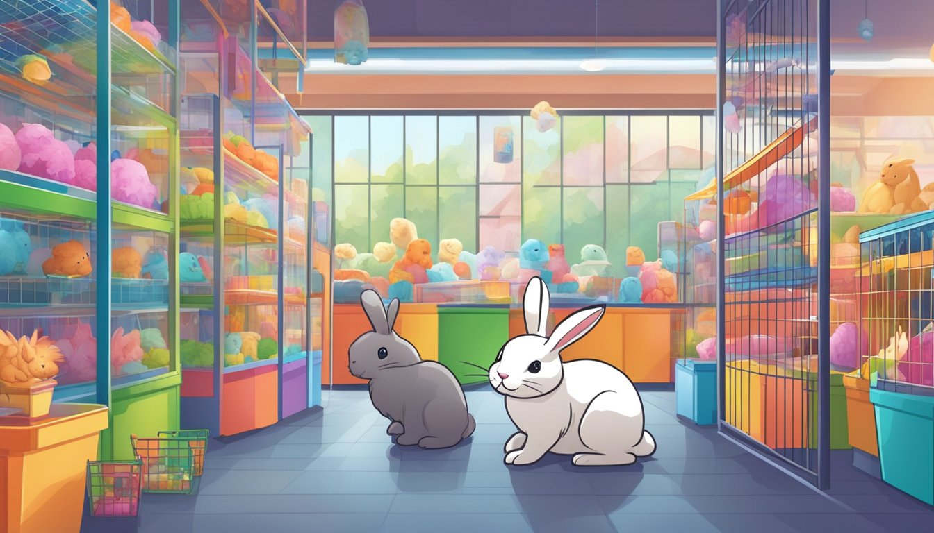 A rabbit hopping through a vibrant pet store in Singapore, surrounded by colorful cages and toys. Customers browsing and pointing at the adorable bunnies on display